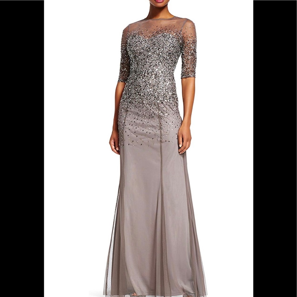 Adrianna Papell Women's 3/4 Sleeve Beaded Illusion Gown with Sweetheart Neckline